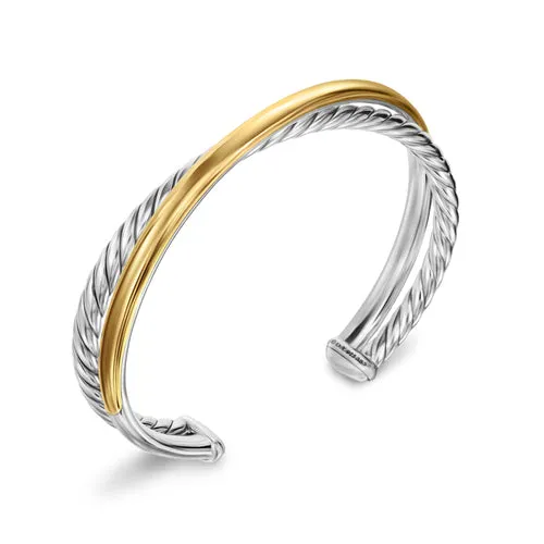 Crossover Two Row Cuff Bracelet in Sterling Silver with 14K Yellow Gold, 11mm, Size Medium