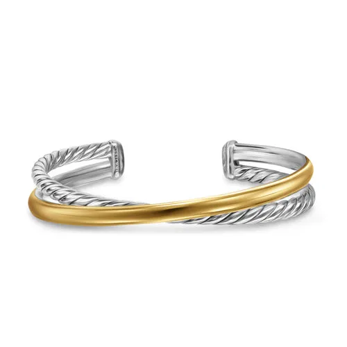 Crossover Two Row Cuff Bracelet in Sterling Silver with 14K Yellow Gold, 11mm, Size Medium