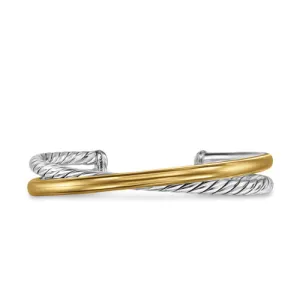 Crossover Two Row Cuff Bracelet in Sterling Silver with 14K Yellow Gold, 11mm, Size Medium