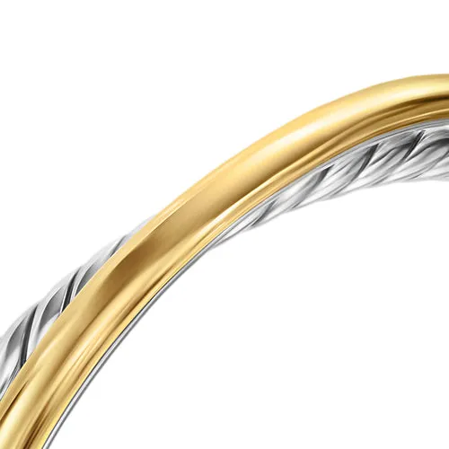 Crossover Two Row Cuff Bracelet in Sterling Silver with 14K Yellow Gold, 11mm, Size Medium