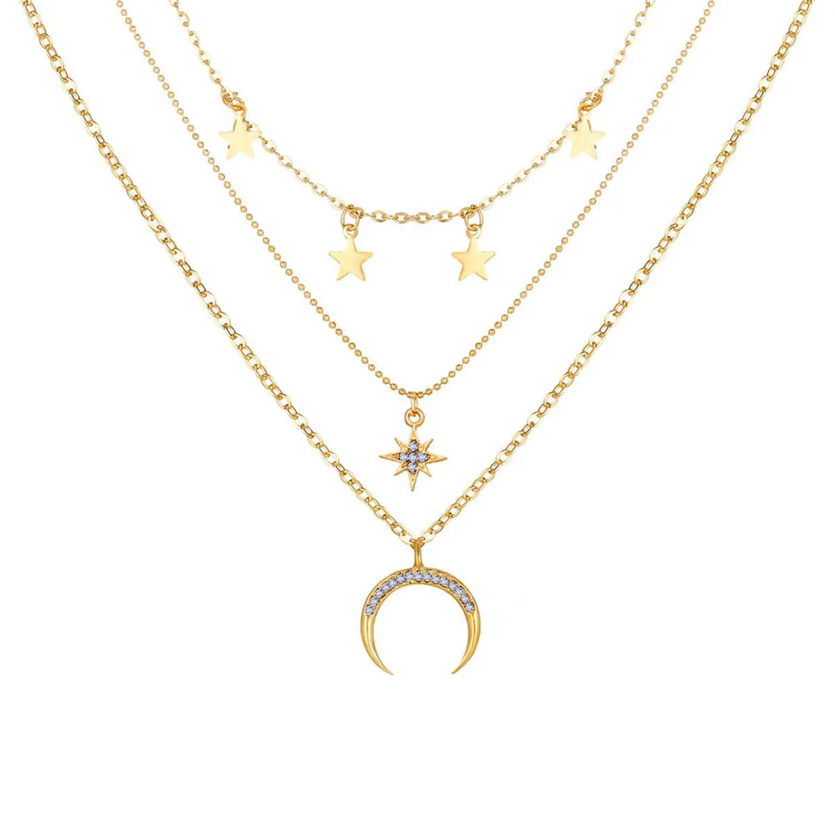 Cubic Zirconia & 18K Gold-Plated Moon & Star Station Layer Necklace
