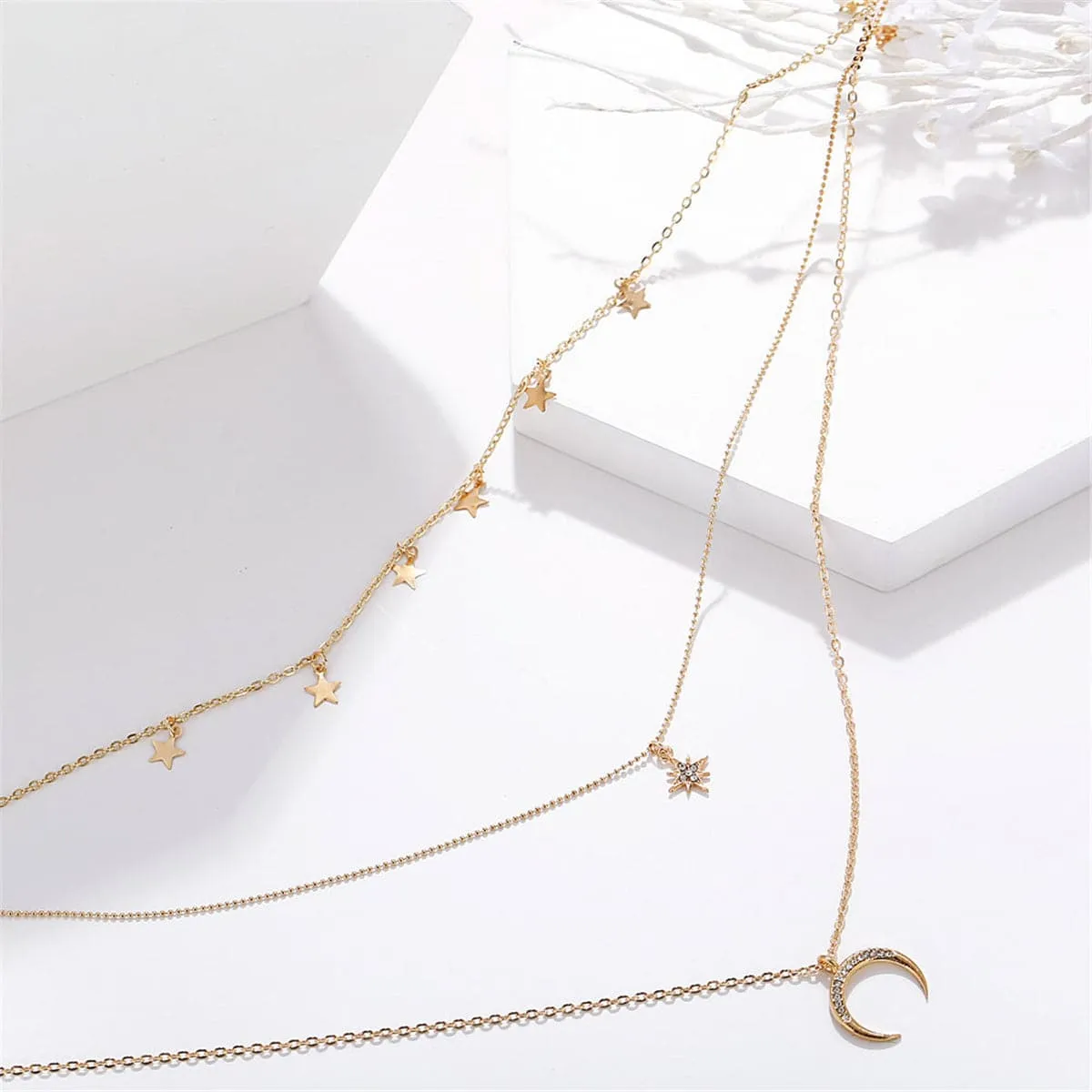 Cubic Zirconia & 18K Gold-Plated Moon & Star Station Layer Necklace