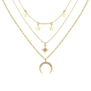 Cubic Zirconia & 18K Gold-Plated Moon & Star Station Layer Necklace
