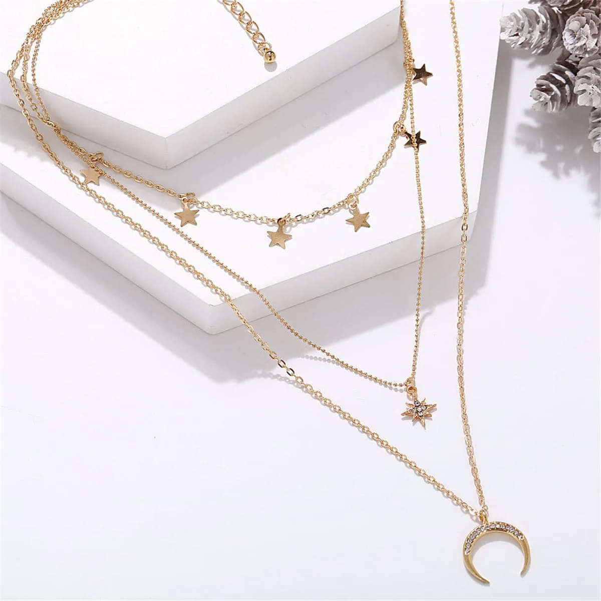 Cubic Zirconia & 18K Gold-Plated Moon & Star Station Layer Necklace