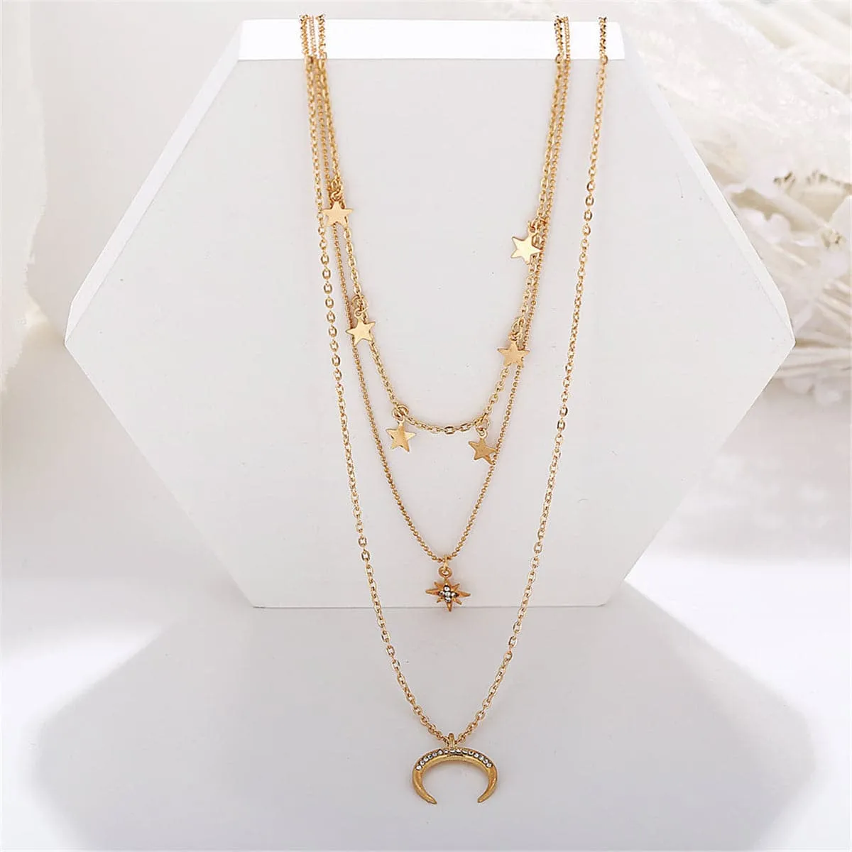 Cubic Zirconia & 18K Gold-Plated Moon & Star Station Layer Necklace