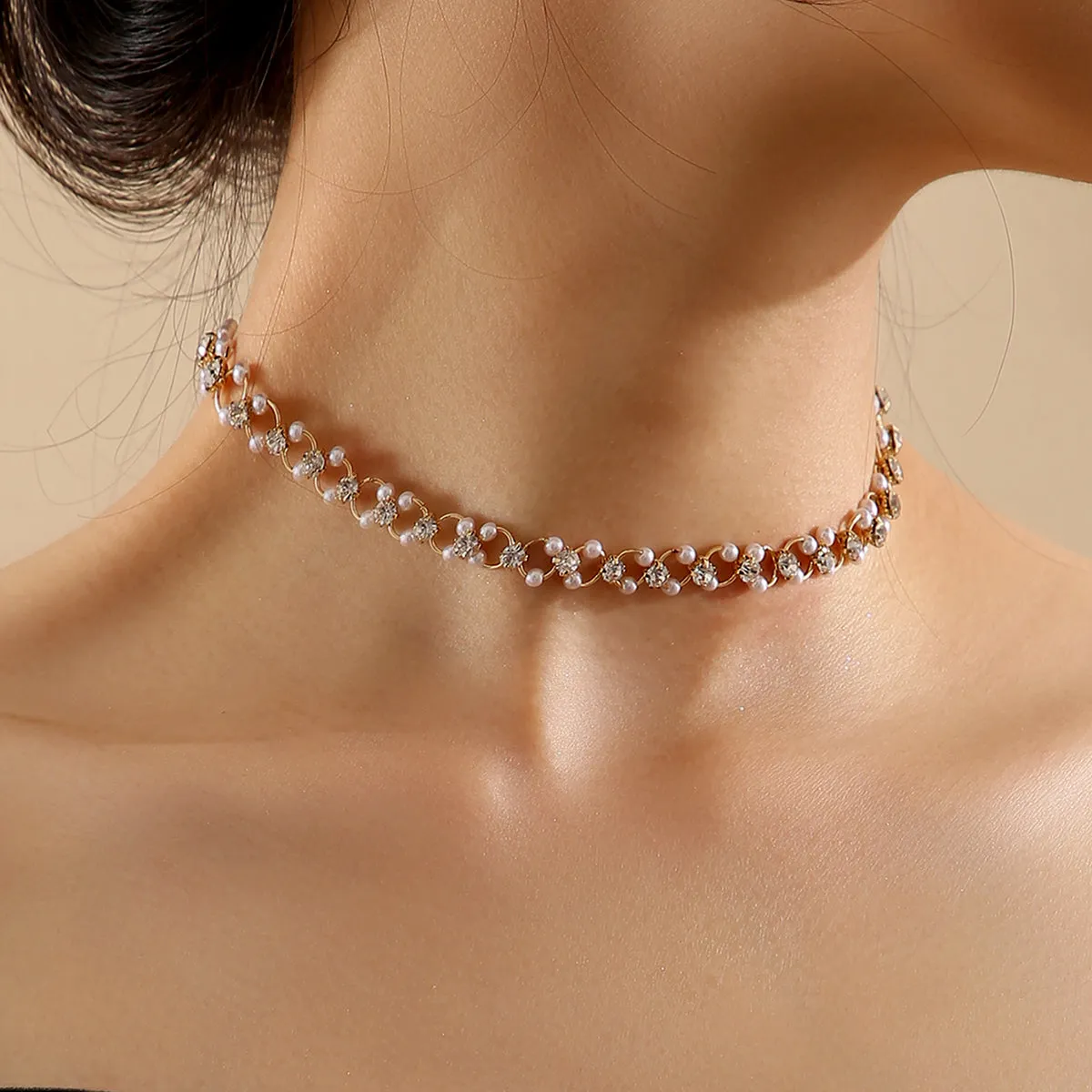 Cubic Zirconia & Pearl 18K Gold-Plated Curb Chain Choker Necklace
