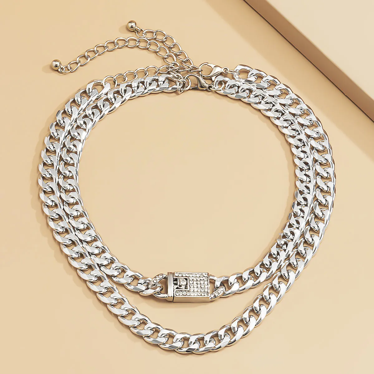 Cubic Zirconia & Silver-Plated Figaro Lock Chain Necklace Set