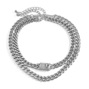 Cubic Zirconia & Silver-Plated Figaro Lock Chain Necklace Set