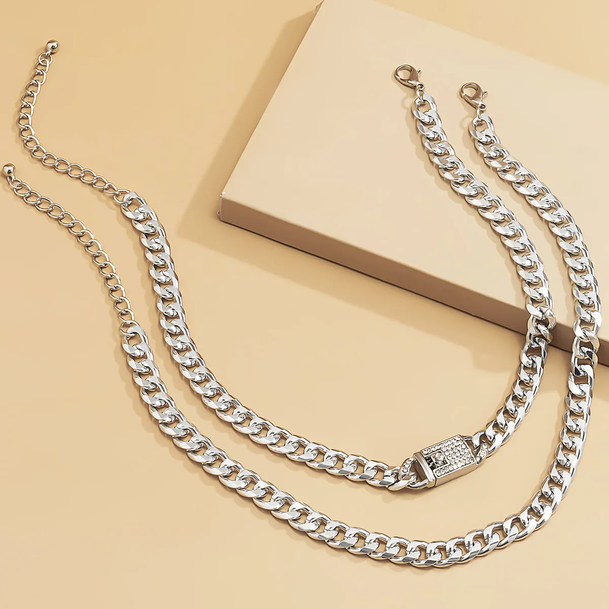 Cubic Zirconia & Silver-Plated Figaro Lock Chain Necklace Set