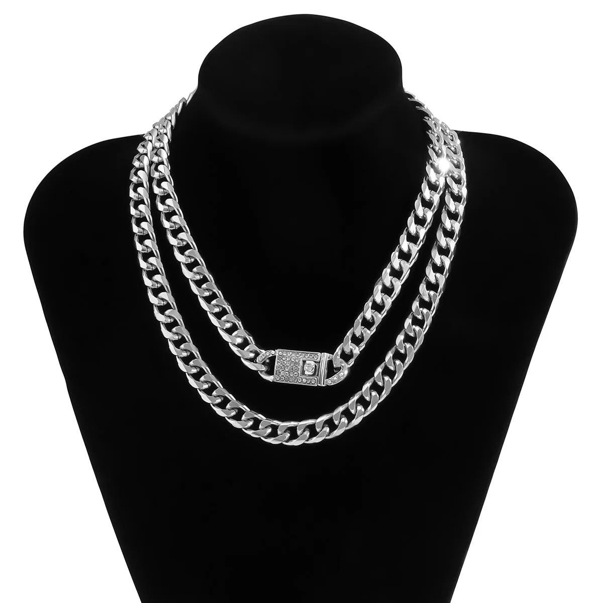 Cubic Zirconia & Silver-Plated Figaro Lock Chain Necklace Set