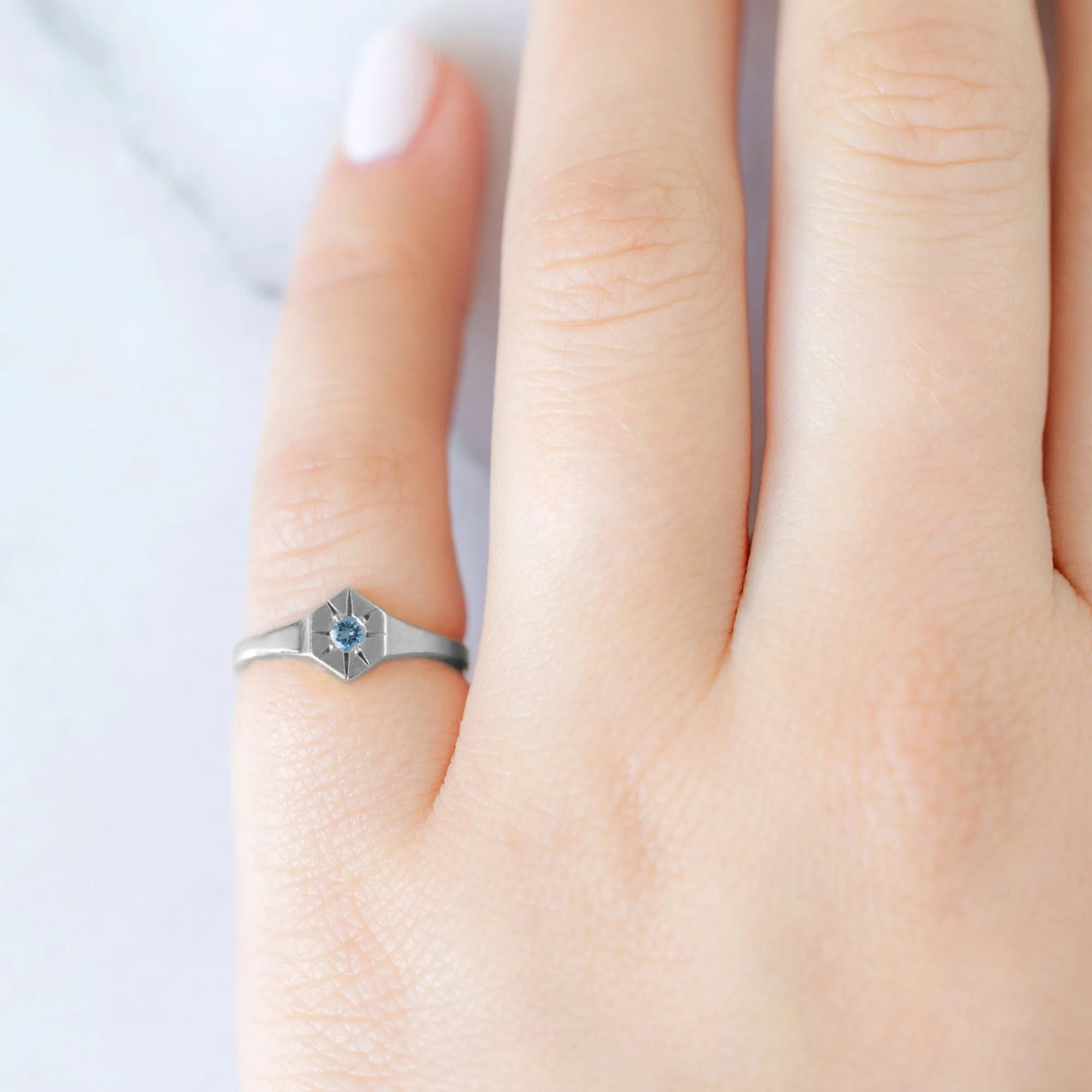 Custom Aquamarine Birthstone Signet Ring | 10K White Gold