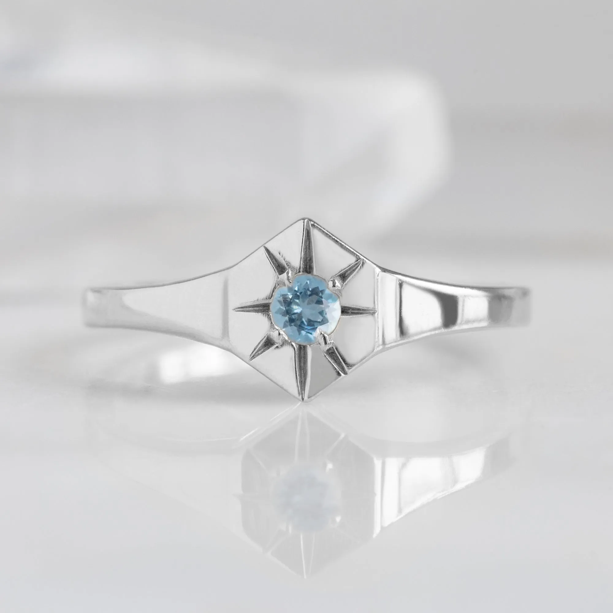 Custom Aquamarine Birthstone Signet Ring | 10K White Gold