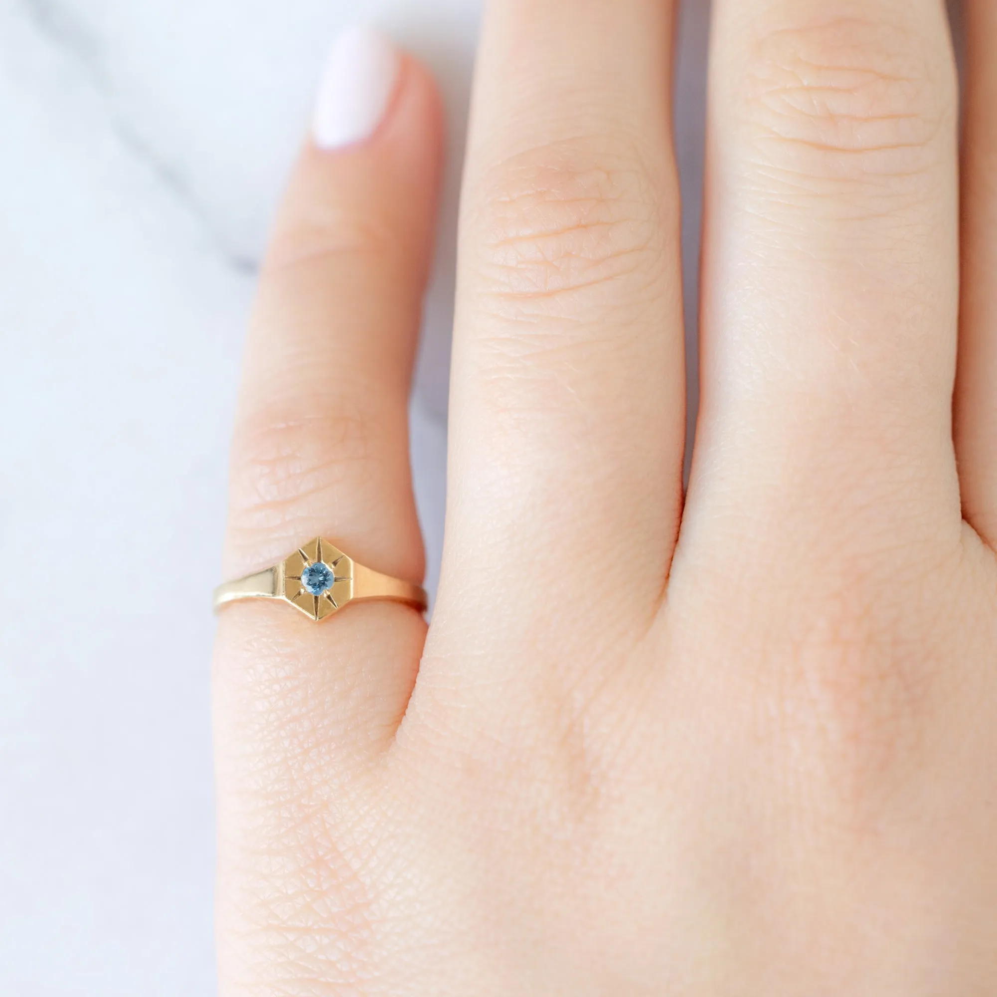 Custom Aquamarine Birthstone Signet Ring | 10K Yellow Gold