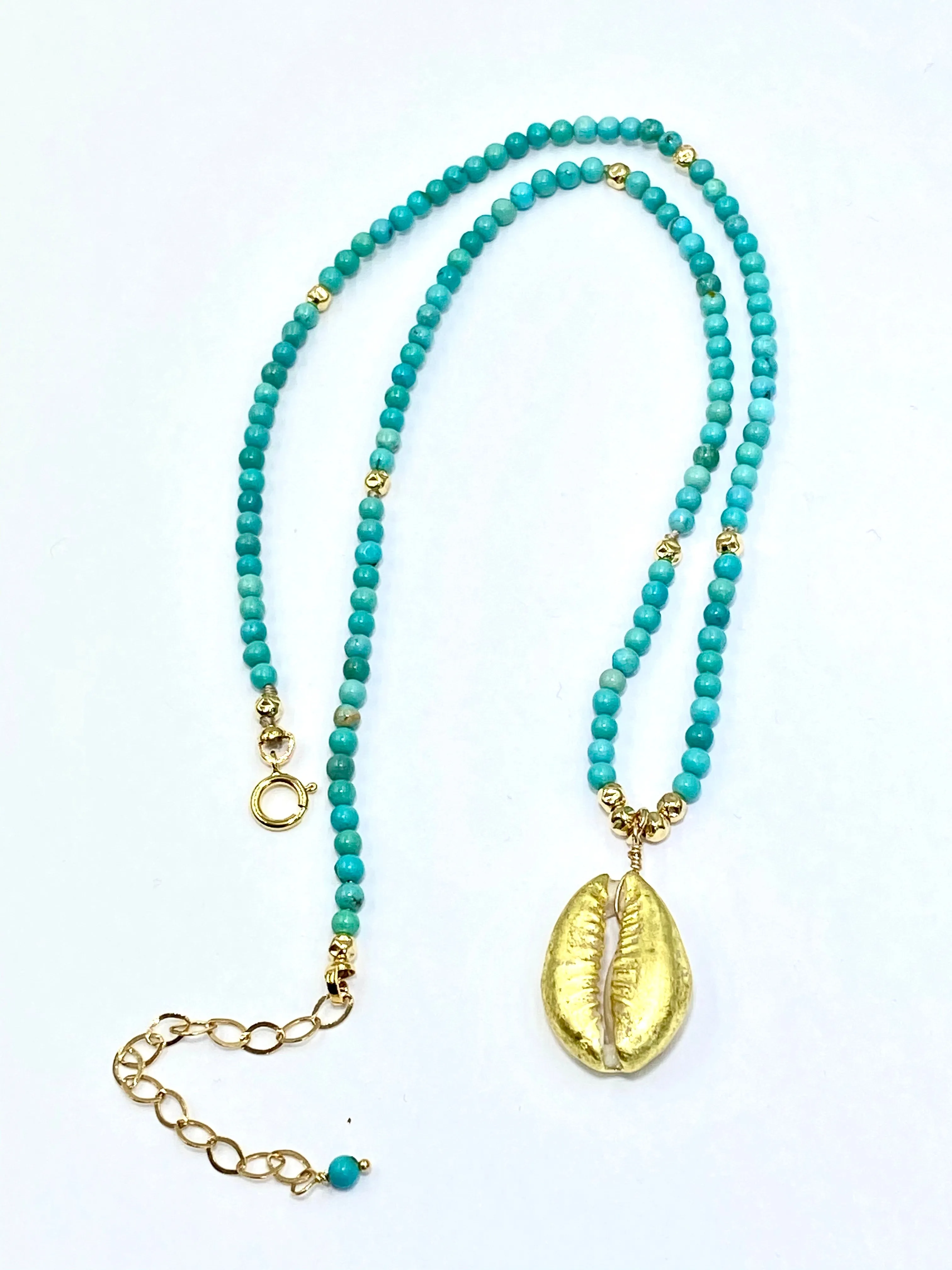 Dainty Turquoise Layering Necklace with Cowry Shell 24 kt Gold