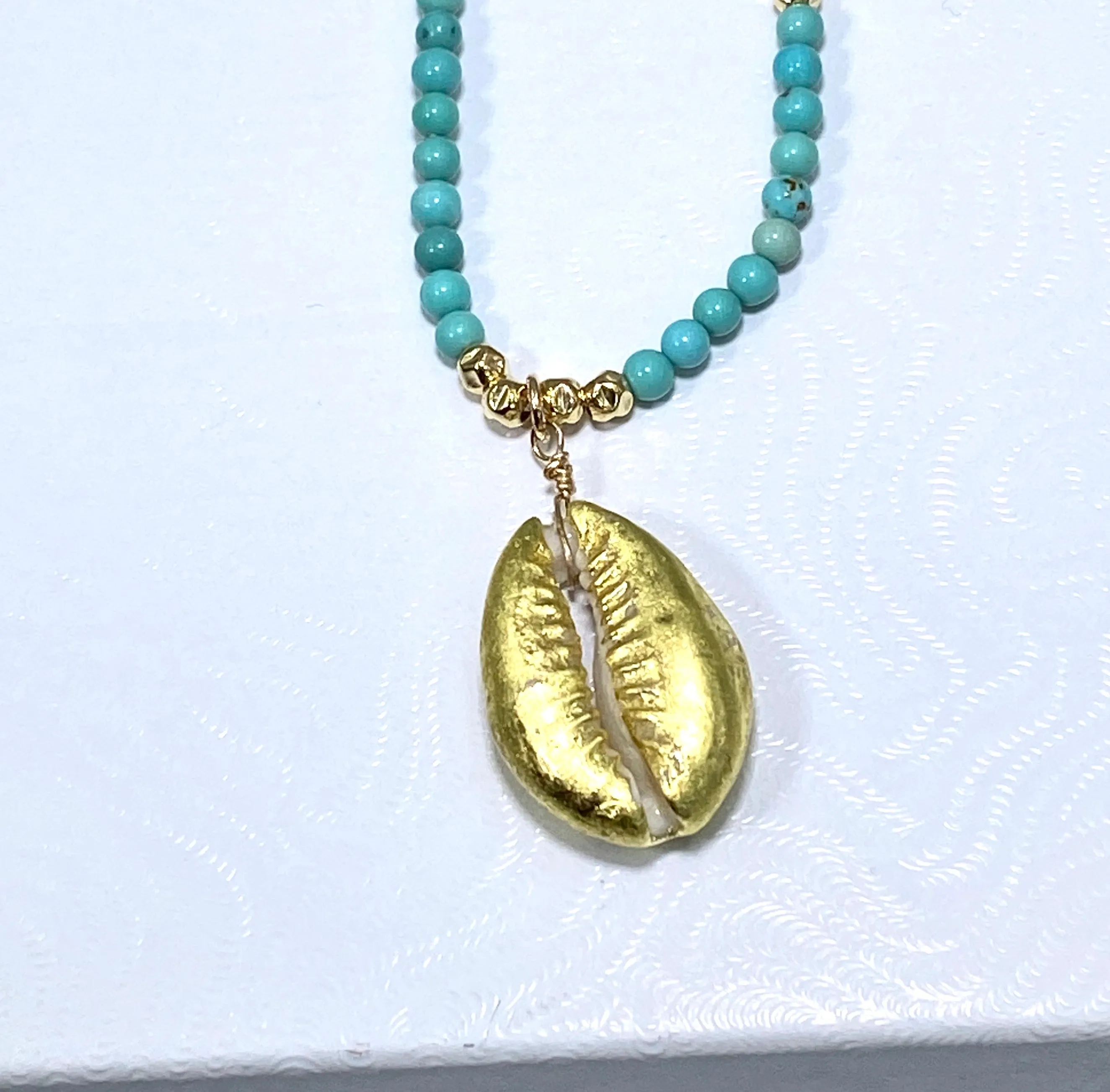 Dainty Turquoise Layering Necklace with Cowry Shell 24 kt Gold