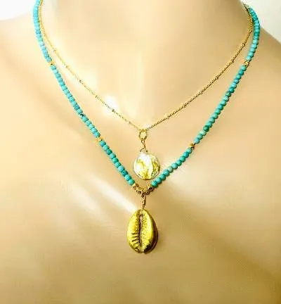 Dainty Turquoise Layering Necklace with Cowry Shell 24 kt Gold