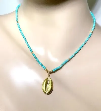 Dainty Turquoise Layering Necklace with Cowry Shell 24 kt Gold