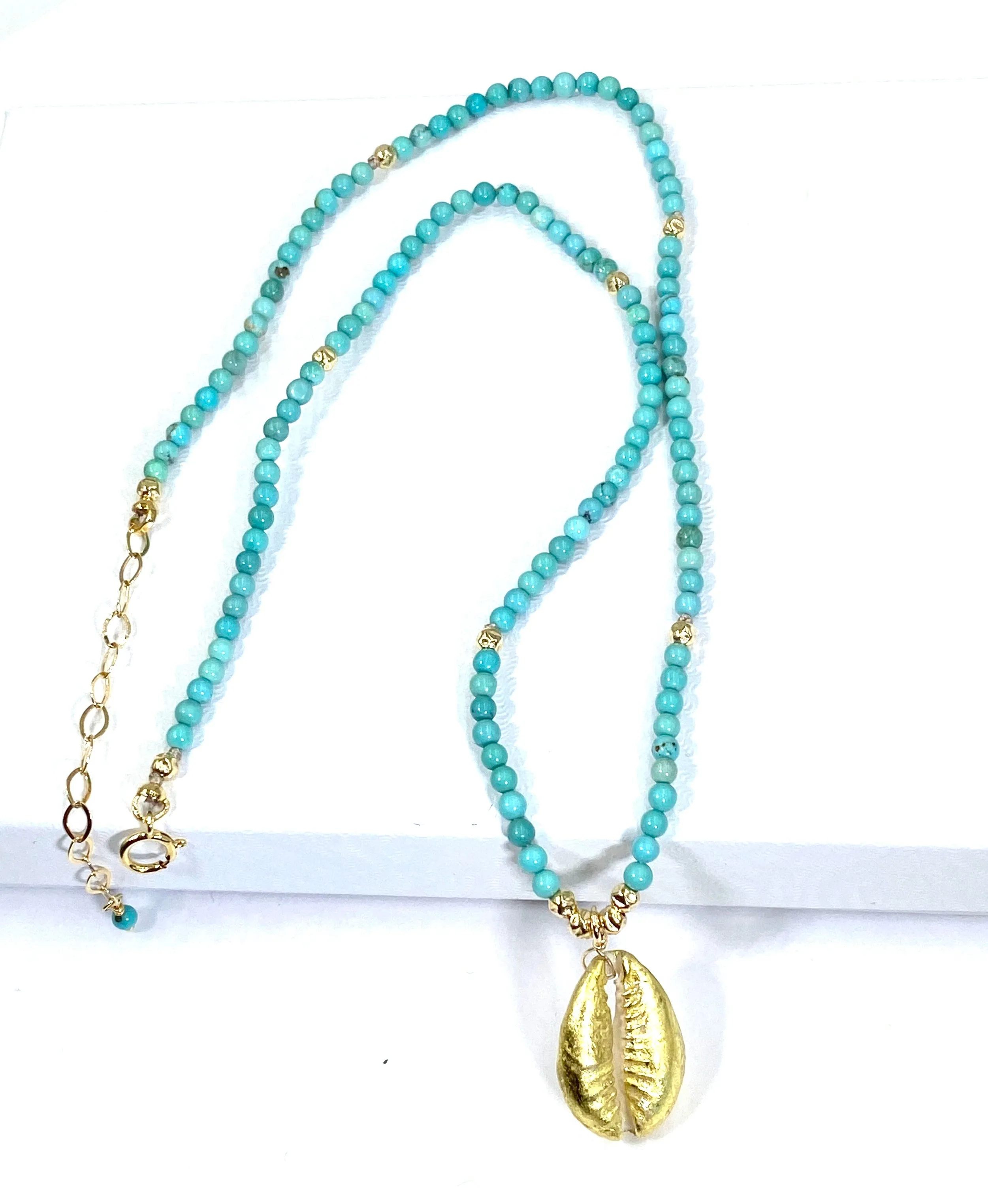 Dainty Turquoise Layering Necklace with Cowry Shell 24 kt Gold