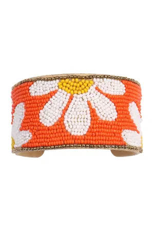 Daisy Flower Seed Bead Wide Cuff Bracelet Orange - Pack of 6
