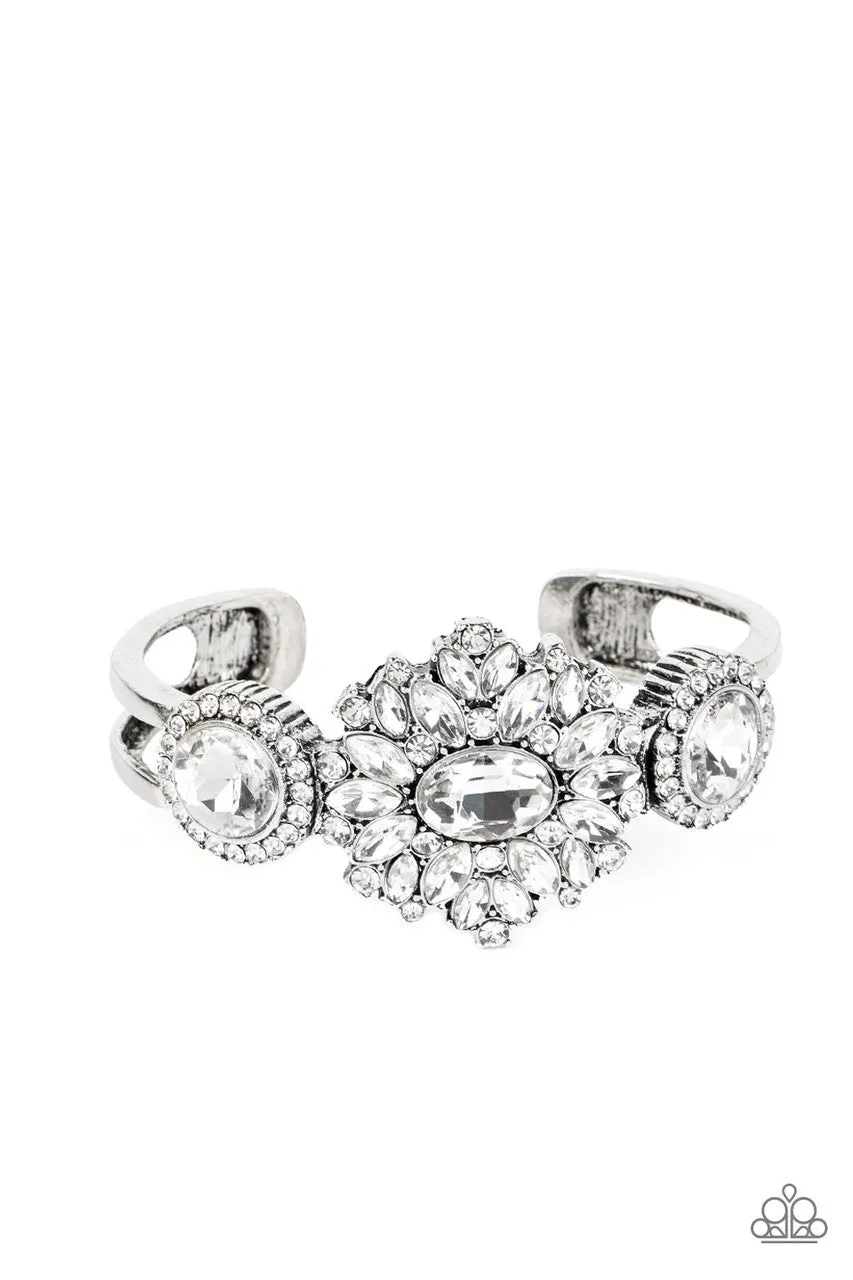 Daydream Dazzle - White - Oval Gem Flower Paparazzi Cuff Bracelet - 2022 GLOW Convention Exclusive