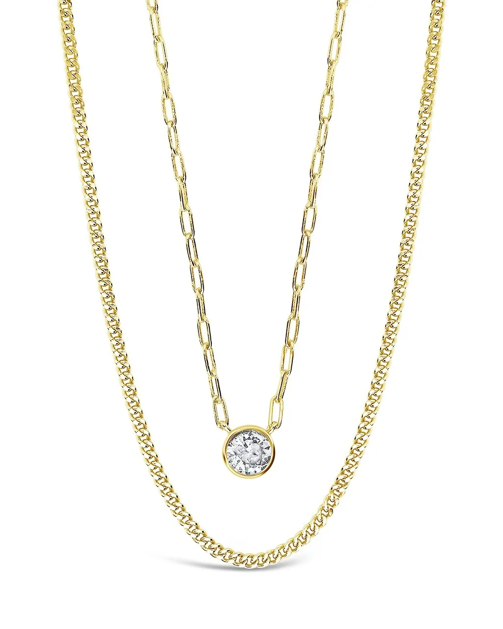 Delicate Sterling Silver 2 Layer Chain Necklace with Bezel CZ Charm