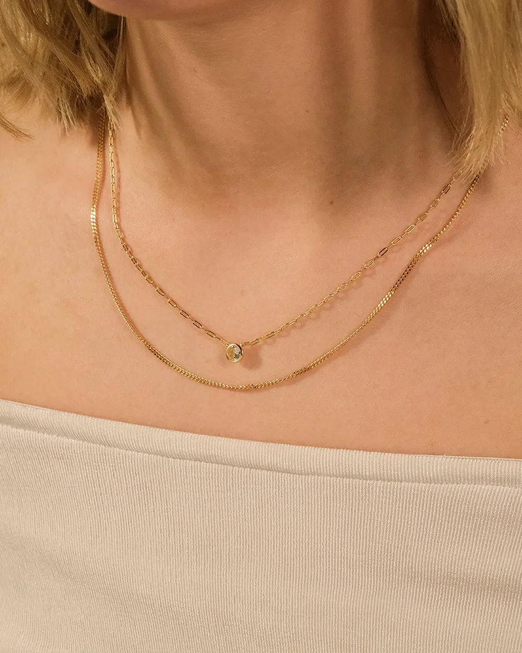 Delicate Sterling Silver 2 Layer Chain Necklace with Bezel CZ Charm