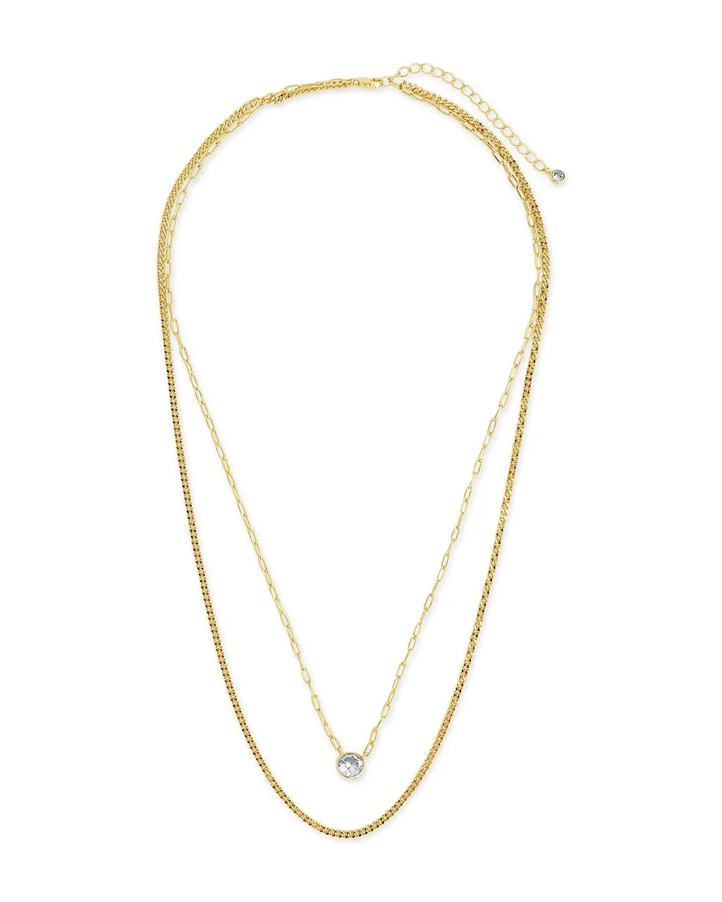 Delicate Sterling Silver 2 Layer Chain Necklace with Bezel CZ Charm
