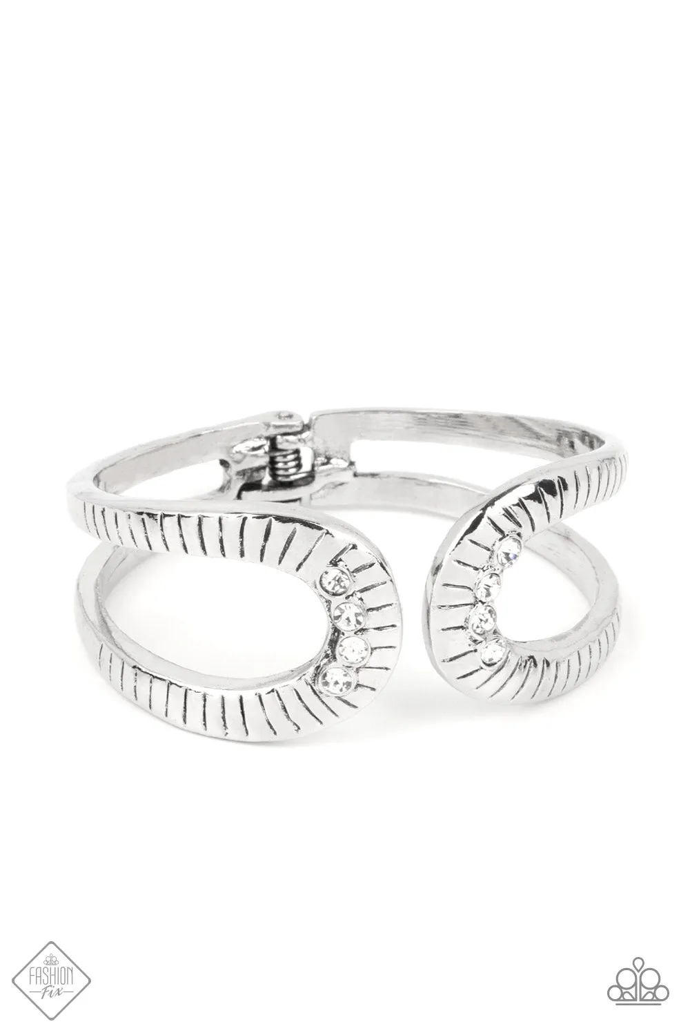 Desert Prosperity - White - Rhinestone Silver Paparazzi Hinge Bracelet - July 2022 Simply Santa Fe