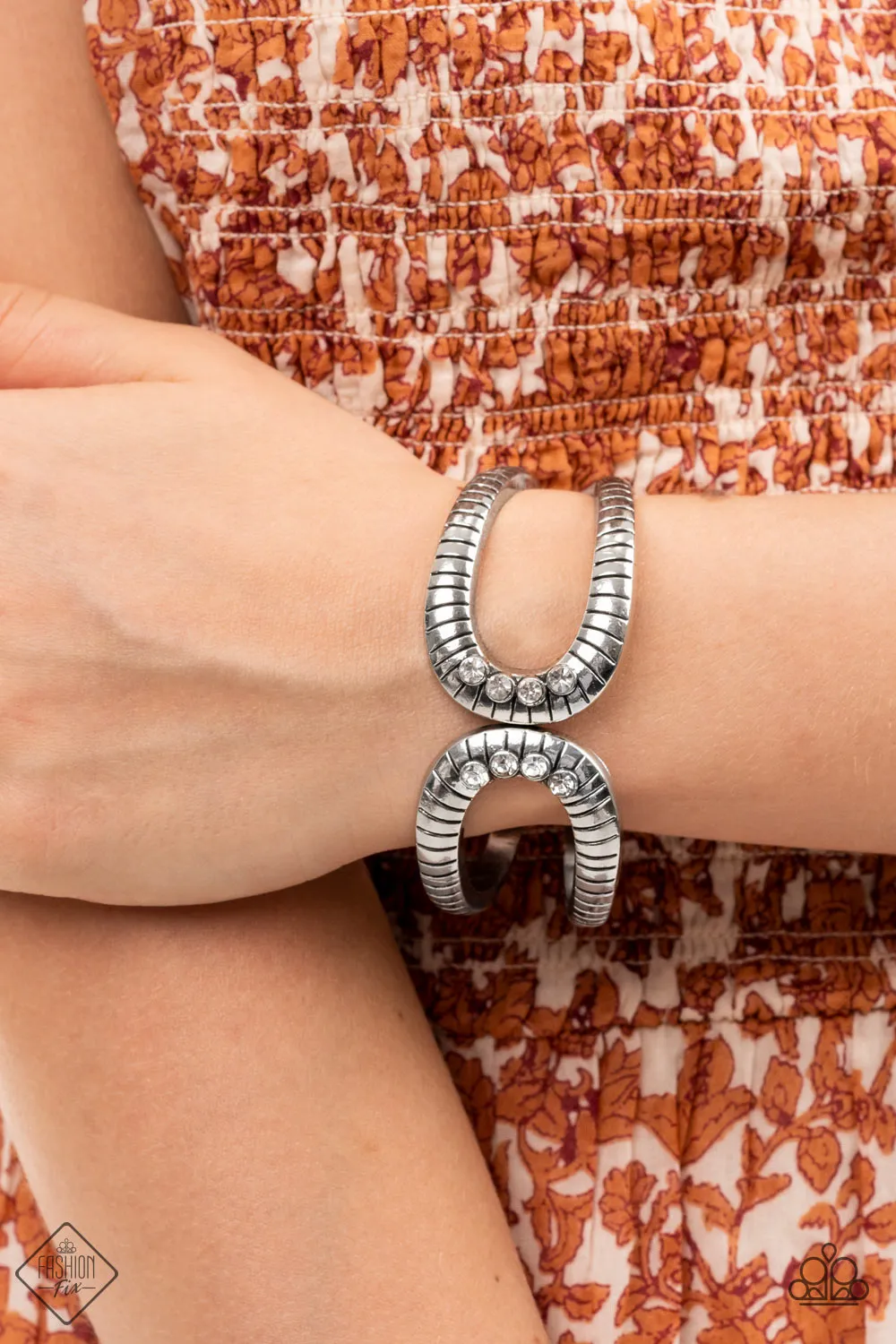 Desert Prosperity - White - Rhinestone Silver Paparazzi Hinge Bracelet - July 2022 Simply Santa Fe