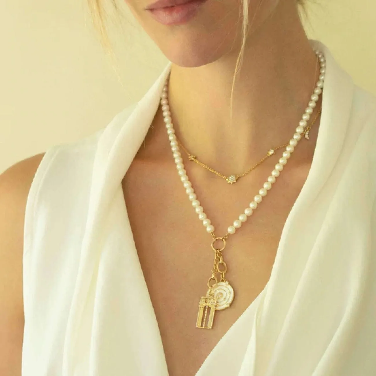 Design Your Own 18K Yellow Gold Freshwater Pearl 2 Charm Enhancer Stations Chain Necklace