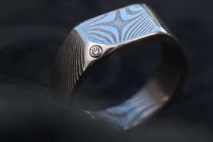 Diamond Signet ring - damasteel wave pattern, 14k vs1 diamond stainless damascus wedding band