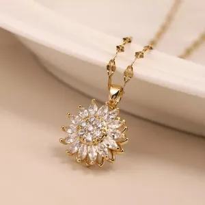 Double-layer Rotatable Sunflower Necklaces Women Chain Choker Stainless Steel