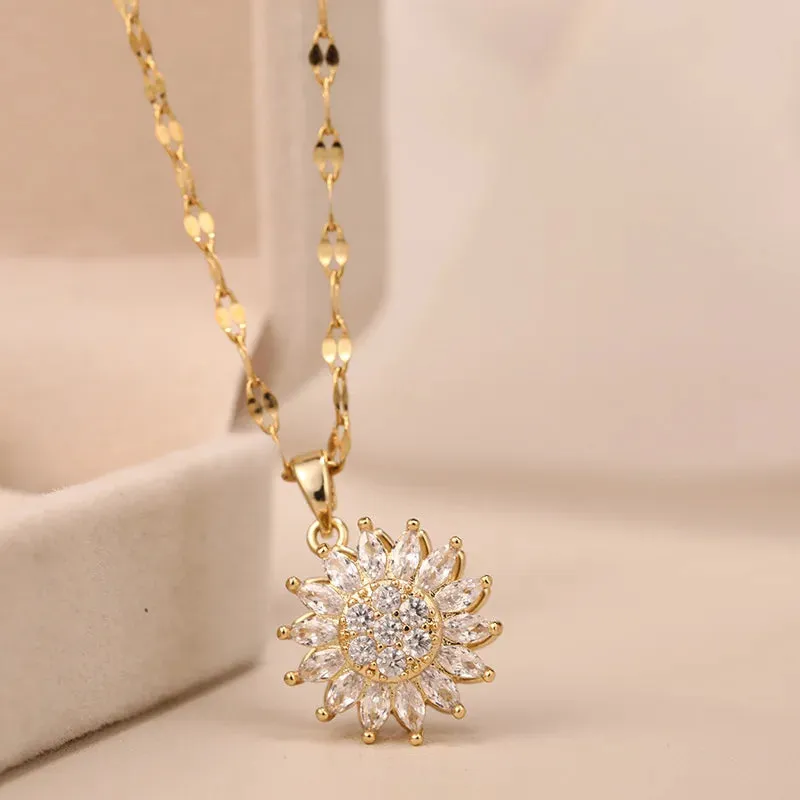 Double-layer Rotatable Sunflower Necklaces Women Chain Choker Stainless Steel