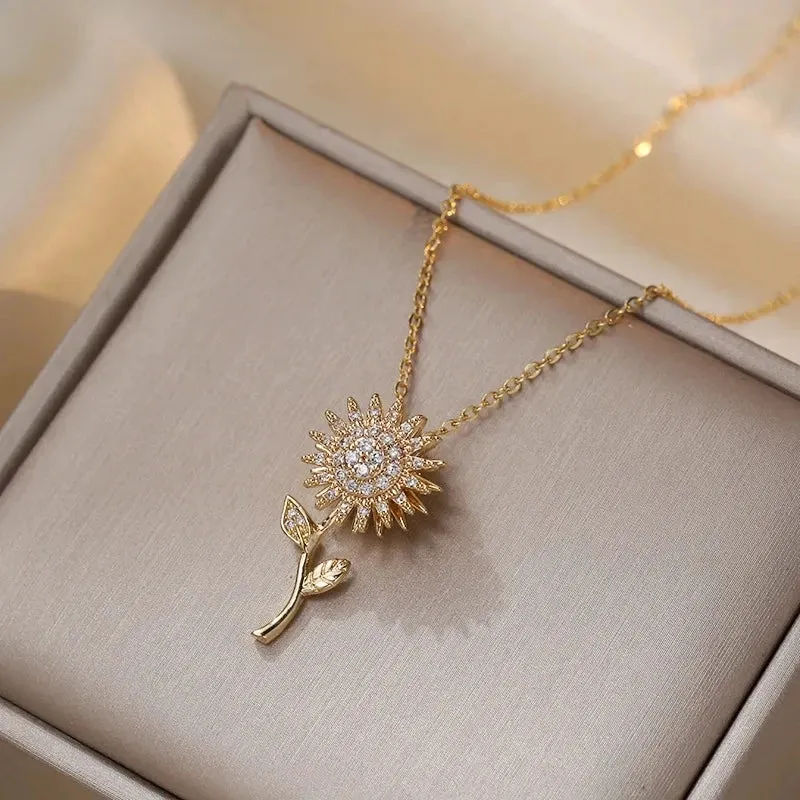 Double-layer Rotatable Sunflower Necklaces Women Chain Choker Stainless Steel