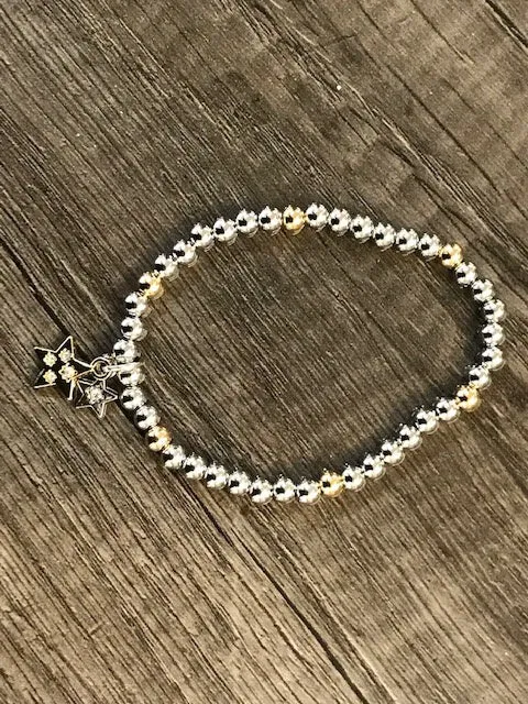 Double Star Silver & Gold Pendant Beaded Bracelet By D & X London
