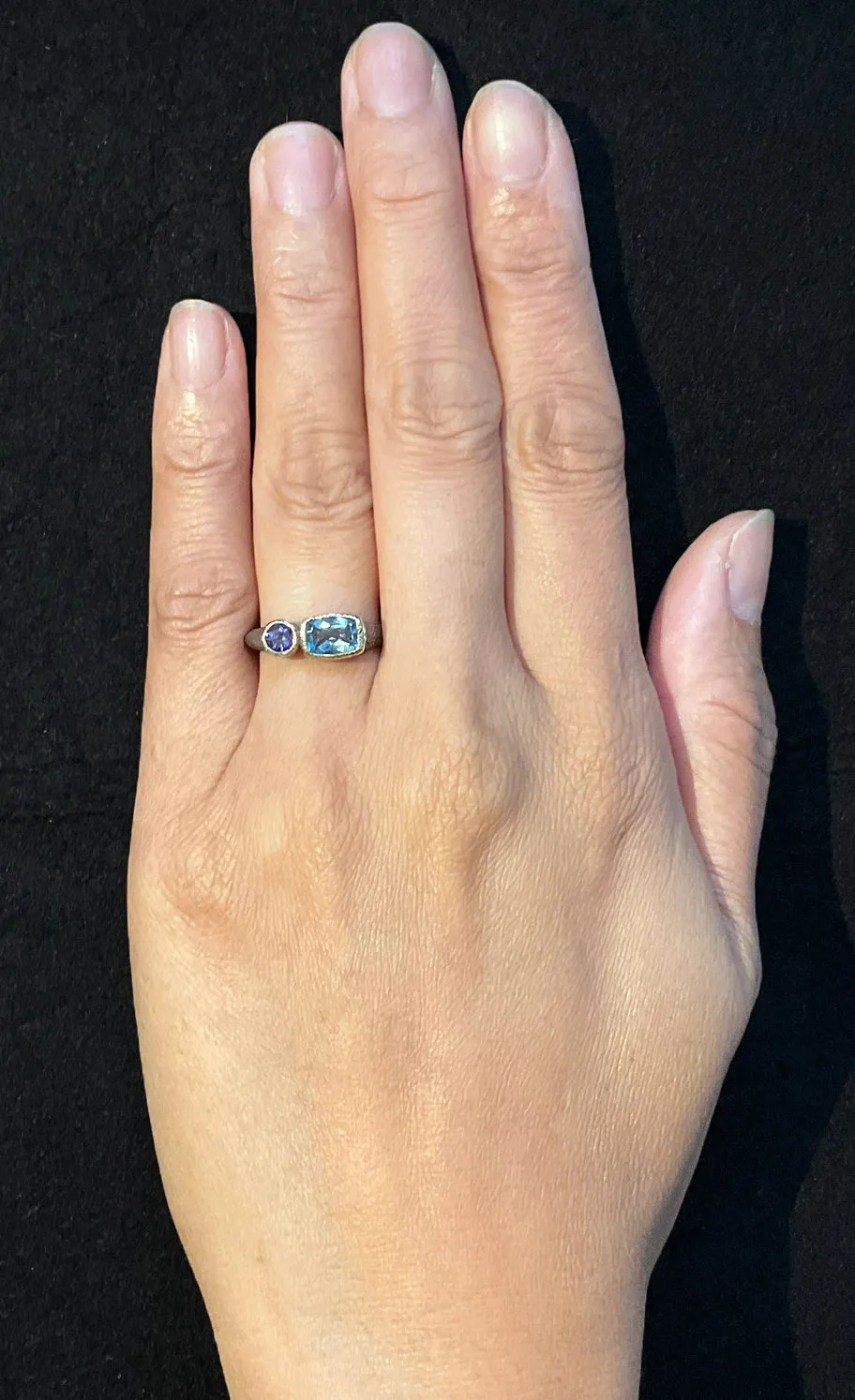 Duo Signet Ring with cushion cut aquamarine and round iolite