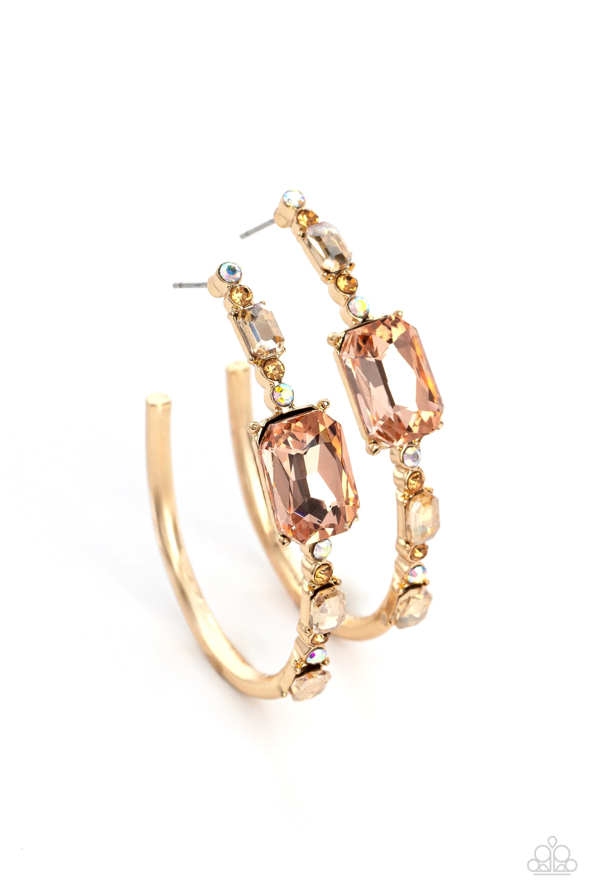 Elite Ensemble - Gold - Round and Emerald Cut Gem Paparazzi Hoop Earrings