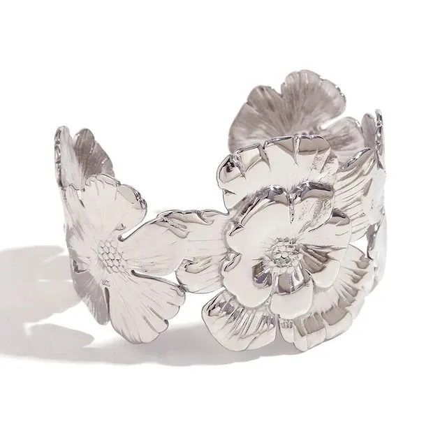Embossed Flower Steel Cuff Bracelet