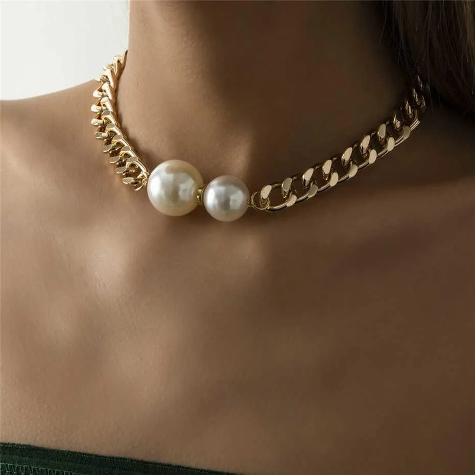 European and American Fashion Smooth Cuban Chains Necklaces Women Gothic Round Pearl Pendant Necklace Girl Choker Jewellery Gift