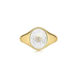 Evil Eye Signet Ring With Mop & CZ Center Stone