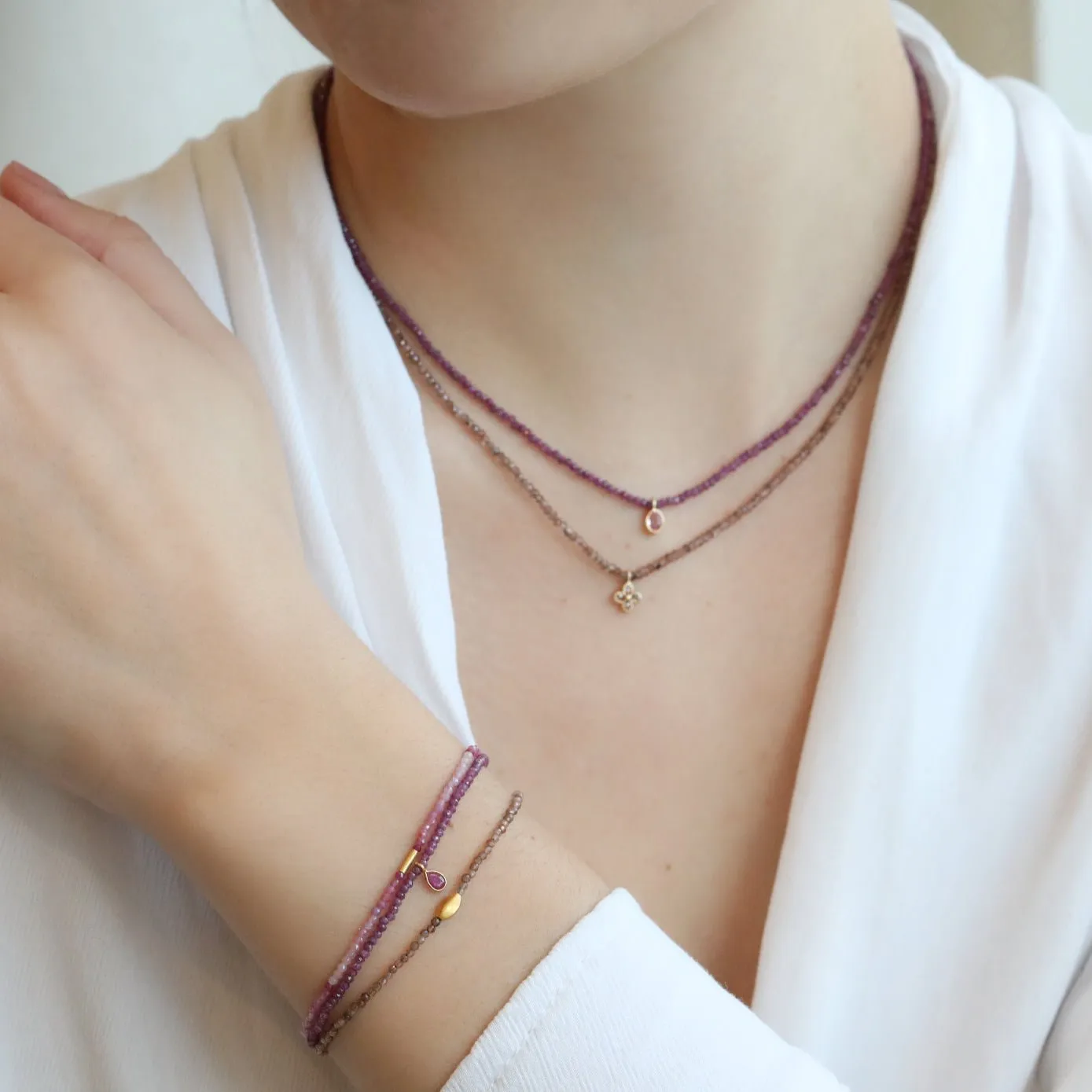 Faceted Mixed Ruby Beaded Bracelet with 18K Elongated Tube Bead