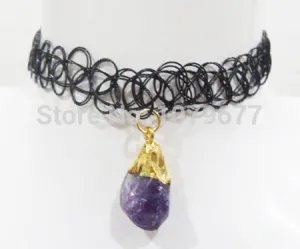 Fashion Grunge Tattoo Choker Black Plastic Wire Natural Amethyest Semi Precious Chips Stone Pendant Necklace