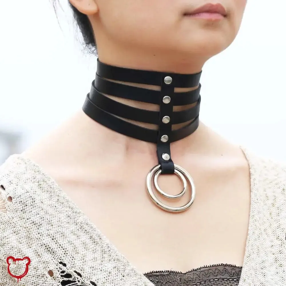 Faux Leather Ring Choker - Multi Layer