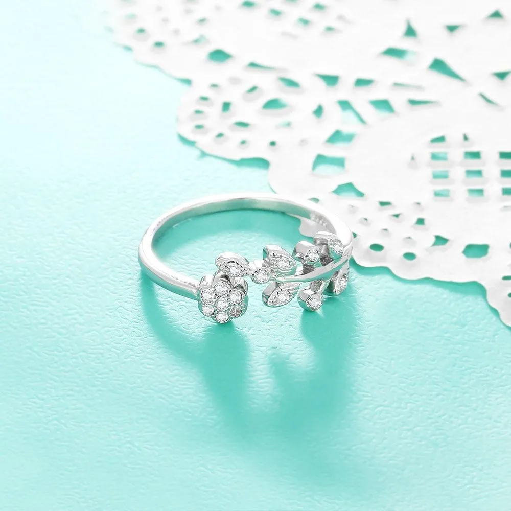 Flower & Leaves - Silver Ring (Adjustable)