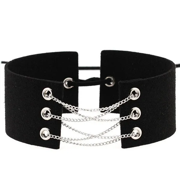 Glamorous Black Velvet Choker With Gold Chains Statement Necklace Link Chain Lace Up Chokers Necklaces Chocker 8 Colors