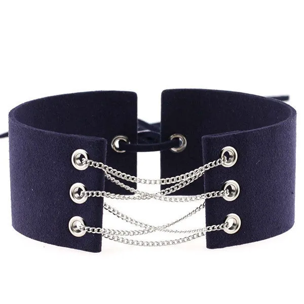 Glamorous Black Velvet Choker With Gold Chains Statement Necklace Link Chain Lace Up Chokers Necklaces Chocker 8 Colors