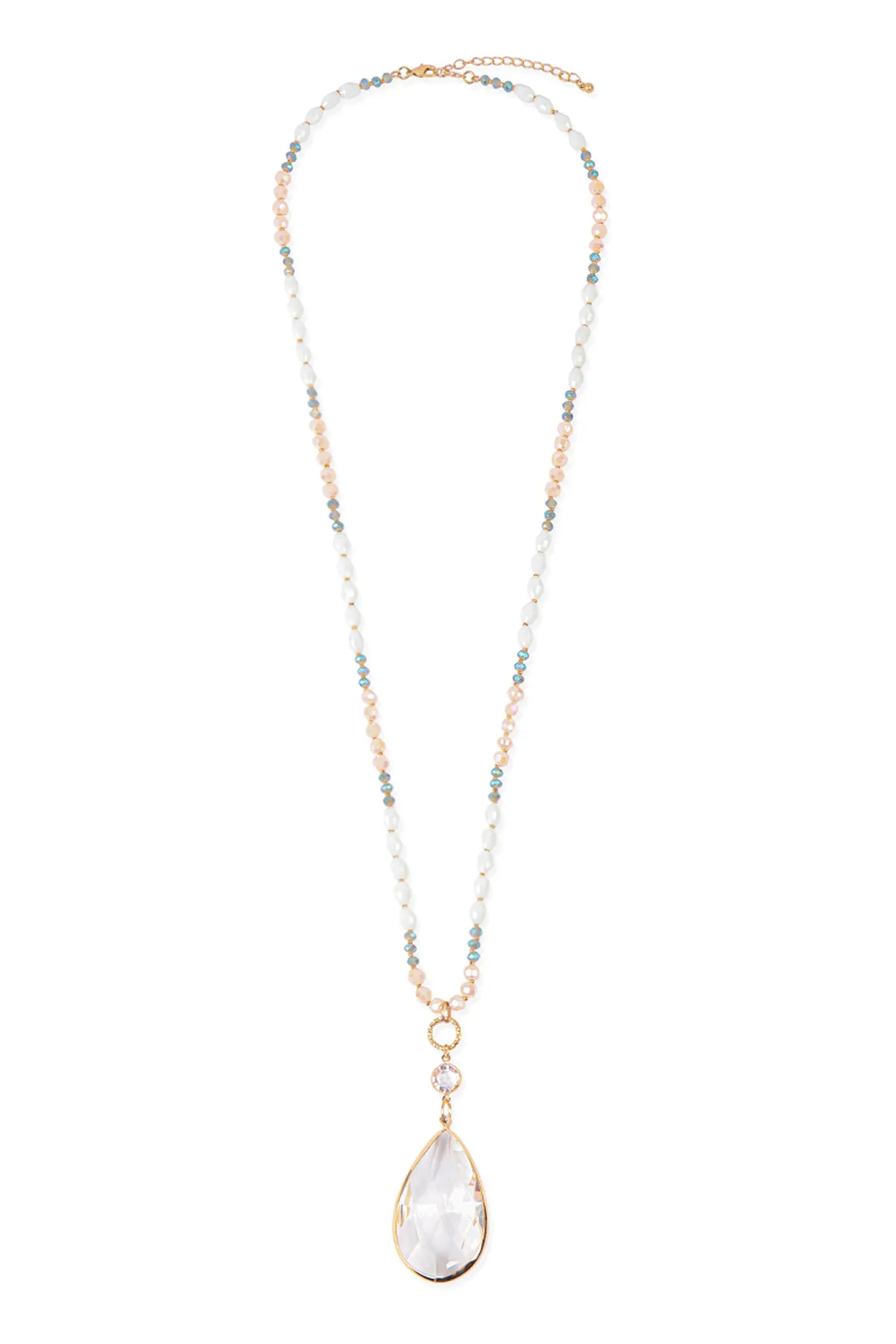 GLASS BEADS LONG NECKLACE WITH CRYSTAL TEARDROP PENDANT