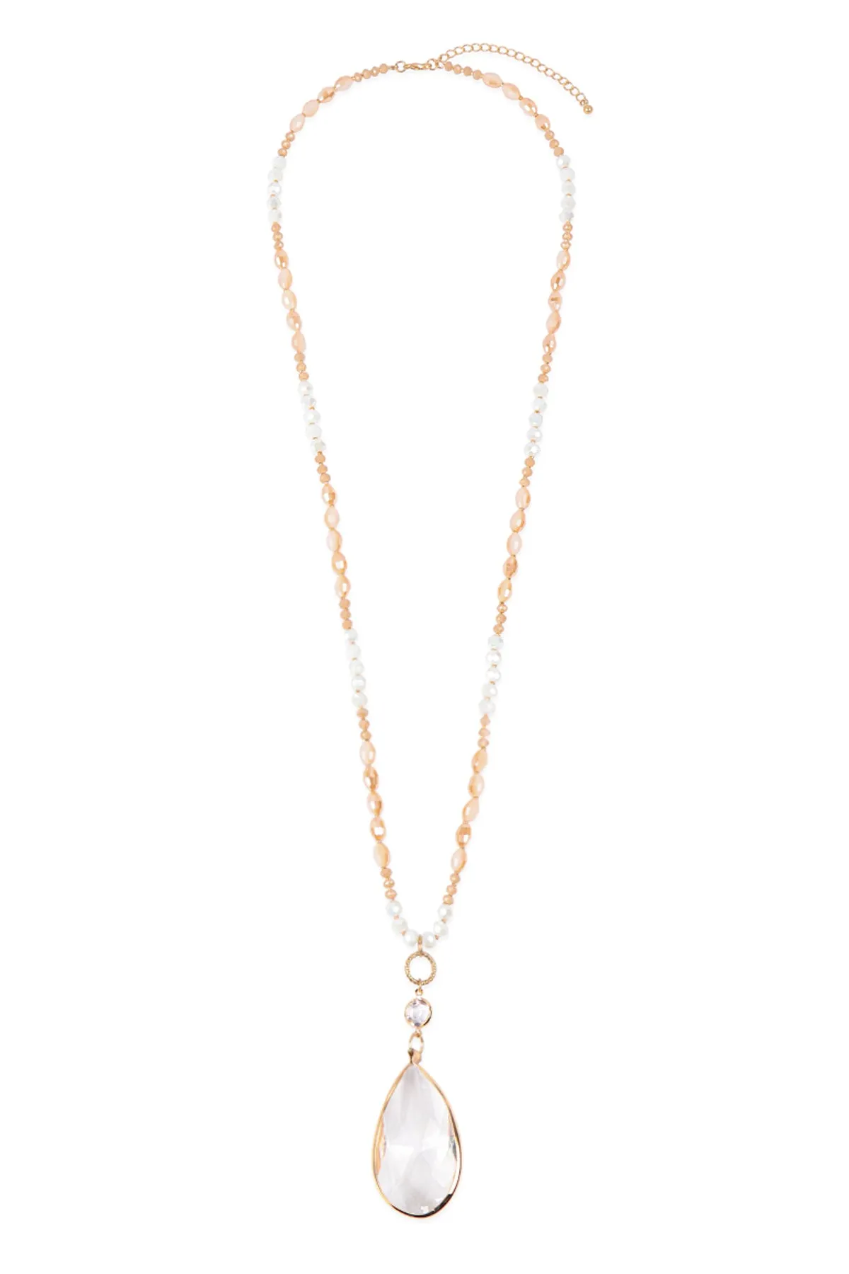 GLASS BEADS LONG NECKLACE WITH CRYSTAL TEARDROP PENDANT