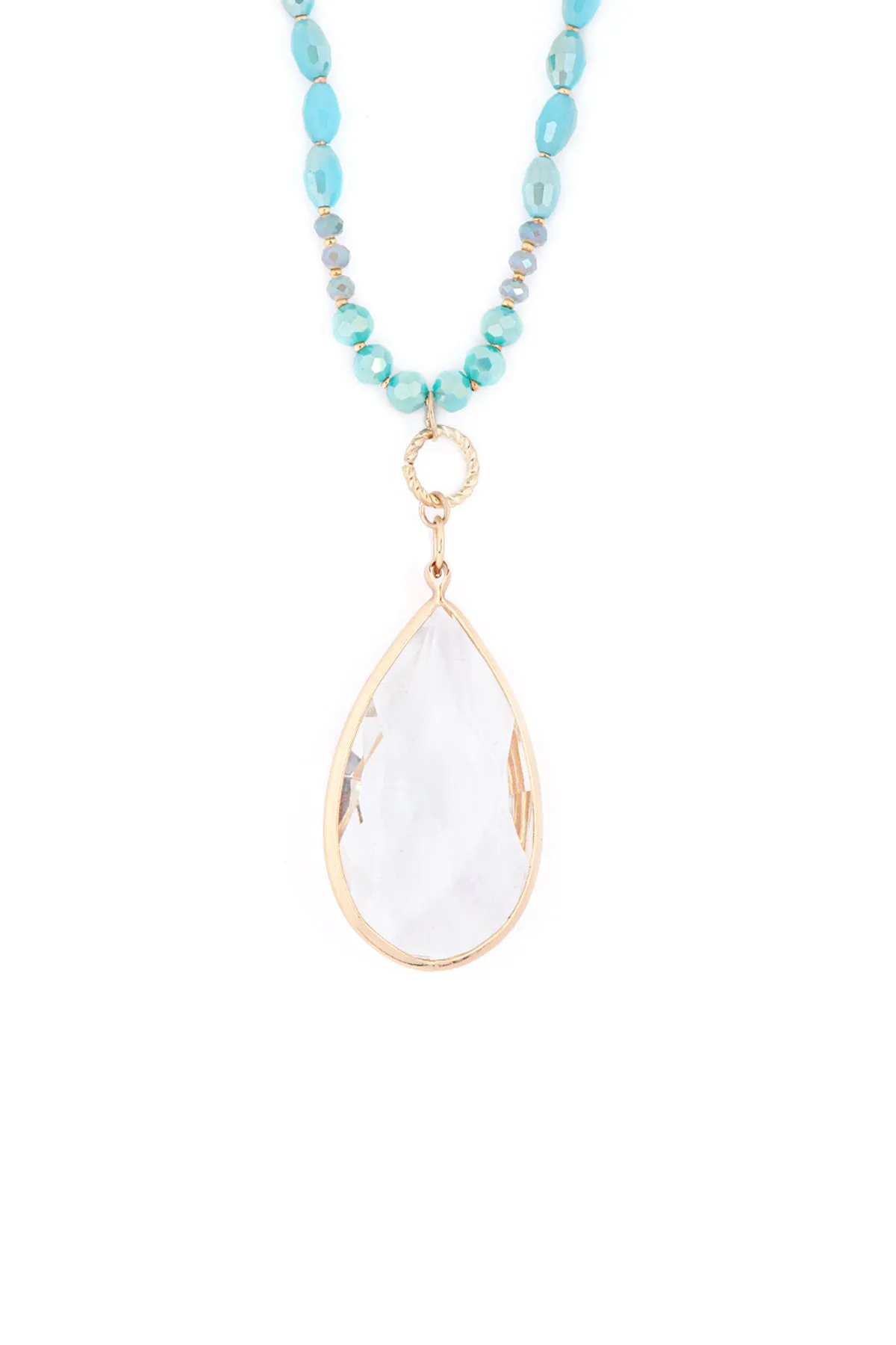 GLASS BEADS LONG NECKLACE WITH CRYSTAL TEARDROP PENDANT