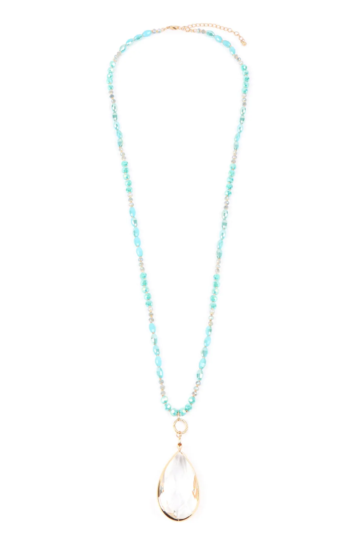 GLASS BEADS LONG NECKLACE WITH CRYSTAL TEARDROP PENDANT